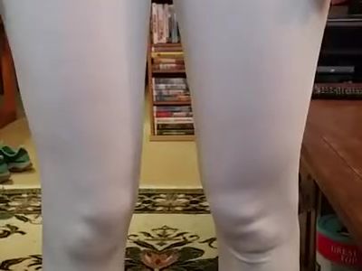 Wife showing her camel toe topless in leggings