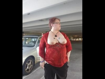 BBW MILF caught masturbating in public parking garage standing orgasm