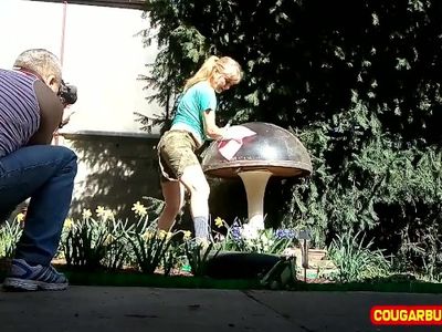 My Fotomann wears my Thong & he shows it off while I strip for him outdoor.